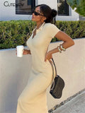 Elegant Knitted Short Sleeve Bodycon Maxi Dress Women Summer Sexy Backless Bandage Streetwear Solid Stretch Lady