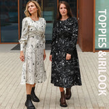 2021 Long Dress for Women O Neck Long Sleeve Fashion Print Chic Belt zipper Loose Midi Dress