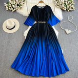 Zingj Familiar Style Socialite Temperament Five-Sleeve Round Collar Waist To Show Thin A Word Large Pendulum Gradual Color Printed Pleated