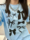 Preppy Y2k T-shirt Women Kawaii Bow Print Short Sleeve Graphic T Shirts Harajuku Fashion Casual Tops Cute Tees