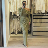 Draped Off-Shoulder Long Sleeve Top And Maxi Skirt Set- Outfit