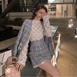 Blue French Small Fragrance Coat Women's Autumn 2021 New Temperament Celebrity Net Tweed Suit Skirt Two Piece