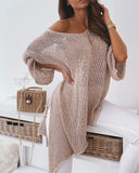 Solid Color V-Neck Drop Shoulder Split Hem Open Knit Sweater Casual Oversized Sweater Womens Pullover