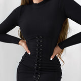 Fashion Patchwork Lace Up Bodycon Black Dress Female Long Sleeve Clubwear Party Dress Bandage Autumn Dresses