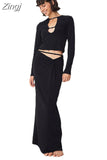 Women Autumn 2023 New Chic Y2K Black Simple Sexy&High Street Casual Elastic Skinny Bandage T-Shirt&Straight Skirt