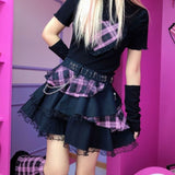 Black Plaid Lace skirts Womens Girls Y2K Summer Vintage Crop Streetwear Cute Mini Pleated skirt Gothic Hippie Kawaii