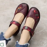Spring Fashion Flower Design Round Toe Soft Bottom Flat Shoes Vintage Genuine Leather Women Flats Girl Loafer Large