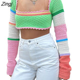 Women Summer Crop Tops Splicing Crochet Square Neck Long Sleeves Knitted T-shirt Tops 2023 Streetwear for Girls