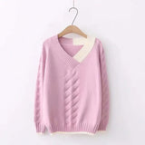 Mori Girl Small Fresh Fashion Knitted Sweater Female Long-sleeved Color Matching V-neck Sweater Women Pullover