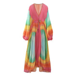 2023 Tie Dye Long Dress Women Ruched Chiffon Midi Dress Woman Long Sleeve Summer Dresses Asymmetric Holiday Party