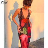 Chiffon Tie-dye Backless Sexy Slim Long Dress Women Halter Lace V-Neck Leopard Print Dress Spring Summer Partywear