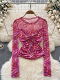 Europe Long sleeved Mesh Sheer T-shirt Fashion Skinny Temperament Office Lady Blouse O Neck Pleated Tie Dye Print