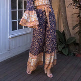 Queens Elegant Women Floral Print Wide Leg Bohemian Pant Ladies Casual Loose Rayon Boho Long Pants