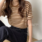 Striped Short-Sleeved T-Shirt Women's Loose Summer 2023 New Style T-Shirt Round Collar Half-Sleeved Shirt Ins