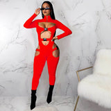 Sexy Hollow Out Buckle Bandage Jumpsuit Women Club Wear Outfits Long Sleeve Skinny Turtleneck Night Party