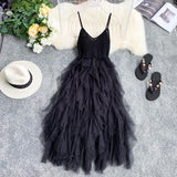 New Women Tulle Dress Summer Mesh Dress High Waist Hem Asymmetrical Pleated Fairy Dress Female Slim Mesh