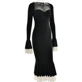 Solid Long Flared Two-piece Crop Sleeve Midi Dress- Outfit