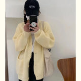 Zingj Wind Pure Color V Collar Autumn Winter Korean Version Loose Single Breasted Large Pocket Sweater Coat Add Thick Knit Cardigan Female-Outfit