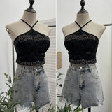 Real Shooting Spice Girls Letter Printing To Make Old Hole Hanging Neck Sling Vest Short With Chest Cushion Top