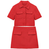 Red Solid Collar Short Sleeve Buttoned Top And Mini Skirt Set-Outfit