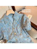 New Summer Women Polo Neck Blue Denim Single-breasted Dress Sweet Floral Print Design Short Sleeve Korean Fashion Mini