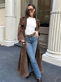 Brown Suede Long Belt Trench Coat-Outfit