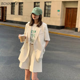 Sets Women Summer Simple Notched Short Sleeve Street Office Trendy Korean Style High Waist Baggy Cozy Female Two
