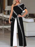 Fashion New Printed Wide Leg Pants Romper Elegant Female Loose Long Office Overall Commute Slash Neck Women Sexy