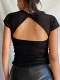 Collar Summer Sexy Backless Tops for Women Cropped Short Sleeve Elegant Top Tees Skinny Streetwear