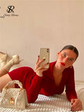 Women Korean Knitted Dress Long Sleeve V Neck Elastic Slim Pencil Dresses 2023 Autumn Sexy Bodycon Split Sweater