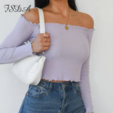 Autumn 2020 Summer Long Sleeve Crop Top Knit Women Ruffles Khaki Casual T Shirts Basic Off Shoulder Sexy Top