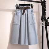 Knee Length Summer Autumn Skirt Women No Belt Casual Cotton Solid High Waist Sun School Skirt