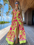 Summer Sexy Deep V Neck Maxi Dress Floral Print Sling Split Women Dress Beach Holiday A-line Long Dress Casual Tank Top