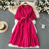 Zingj Hollowed-Out Dress Women's Bubble Sleeves New Loose Embroidery Light Ripe Wind Waist Showing A Long Skirt With Thin Lotus