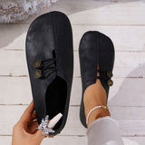 Button Soft Leather Hollow Flat Single Shoes Women's Round Head Shallow Mouth Big Lazy Happy