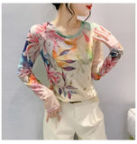 Spring Summer Intimated Silk Fabric T-shirts For Women Fairy Printing Floral Tee Shirt Female Slim High Stretch