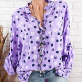 Summer Women Long Sleeve Dot Print Blouses Office Lady Loose V Neck Beach Shirt Casual Tunic Blouse Oversized