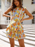 Queens Floral Print Fashion Summer sexy Backless Beach Bohemian Mini Dress for Women Ruffles Sleeveless Boho