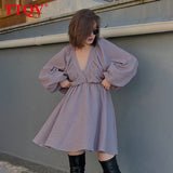Sexy Deep V-neck Mini Dress Ladies Fashion Loose Long Sleeve Office Dress Streetwear Elegant White Dresses For