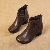 2021 New Autumn Winter Thick Heel Ankle Boots Women Warm Boots Shoes Handmade Genuine Leather Flowers Zipper Retro