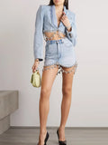 Zingj Chain Decoration Short Coat Fashion Hip Skirt Two-Piece Denim Suit