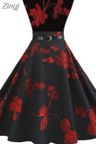 Women Vintage Floral Print Summer Dress Elegant Swing Rockabilly Party Dresses Casual Midi Tunic Beach