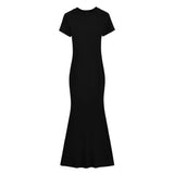 Zingj Trendy Women's Dress Sexy High Waist Hip Fishtail Skirt Temperament Solid Color Short-Sleeved Round-Neck Dress Long