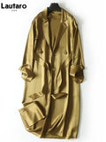 Spring Autumn Long Soft Luxury Elegant Flowy Satin Acetate Trench Coat for Women High Quality Chic British Fashion