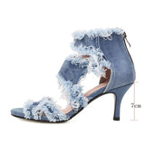 Sgesvier Stiletto High Heels Gladiator Sandals for Women Cutout Jean Denim Tassel Fringe Sandal Shoes Summer Ladies size