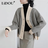 Winter Vintage Striped Single Breasted Sweater Ladies Loose Casual All-match Knitting Top Women Elegant Fashion