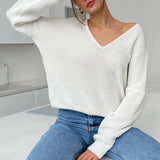 V Neck Blue Padded Knitted Pullover-Outfit
