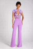 New Lien Embroidered V-Neckless Feathers Purple High Waisted Pantyhose Fashion Party