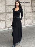 Spirng New Elegant Long Sleeve Black Long Dress With Belt Women Party Fashion Lady One Piece Slim