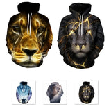 Hoodies with Cap 3D Digital Lion Print Long Full Sleeves Casual Hip Hop Counple Women Clothes Front Pocket Spring
